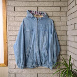 Vintage 'Northern Reflections' faded denim zip-up workwear hooded bomber jacket